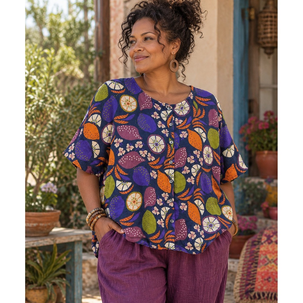 Gudrun Sjoden 100% Linen Fruit Print Top Lagenlook Boxy Artsy Lagonlook 26.5"